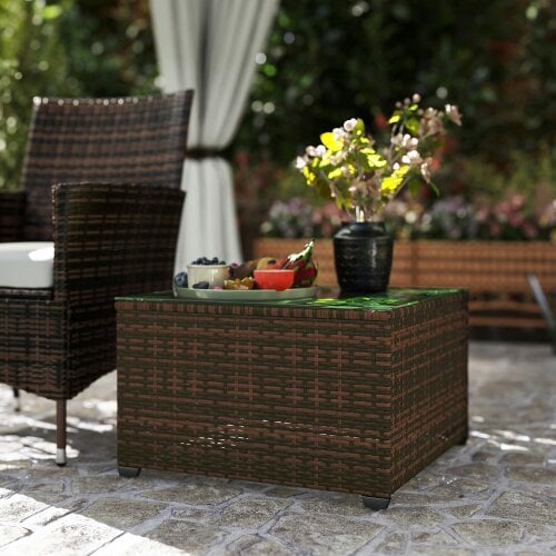 Wyld Haus Nolone Brown Rattan Outdoor Glass Top Side Table