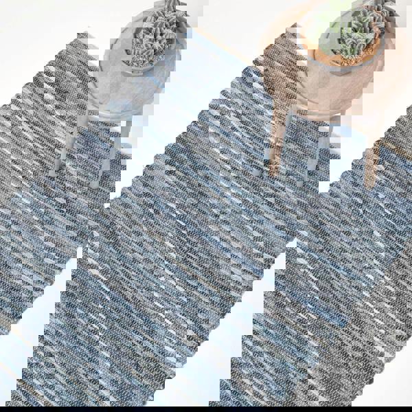 HOMESCAPES Blue Denim Handwoven Striped Chindi Rug