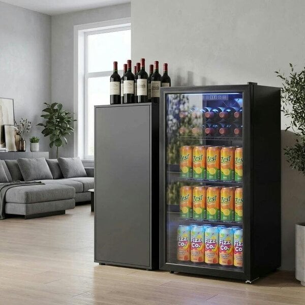 Bobobiy 90L Drinks Fridge, 139 Can Under Counter Freestanding Beer Fridge with LED Light