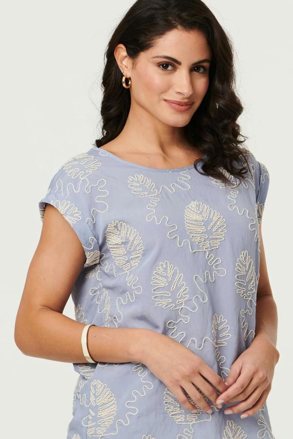 Blue | Leaf Embroidered Detail Cap Sleeve Top