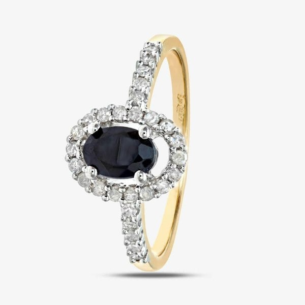 T. H. Baker 9ct Yellow Gold Blue Sapphire Oval Cluster 0.25ct Diamond Ring PR05647Y SA