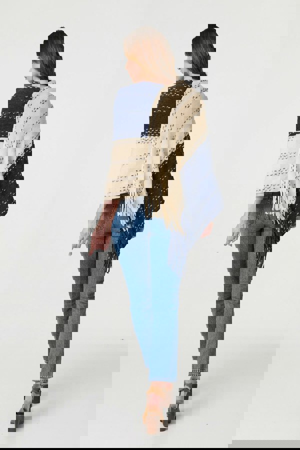 Blue | Striped Tassel Trim Oversized Poncho
