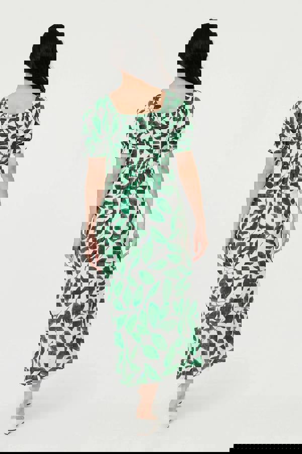 Green | Leaf Print Tie Front A-Line Midi Dress