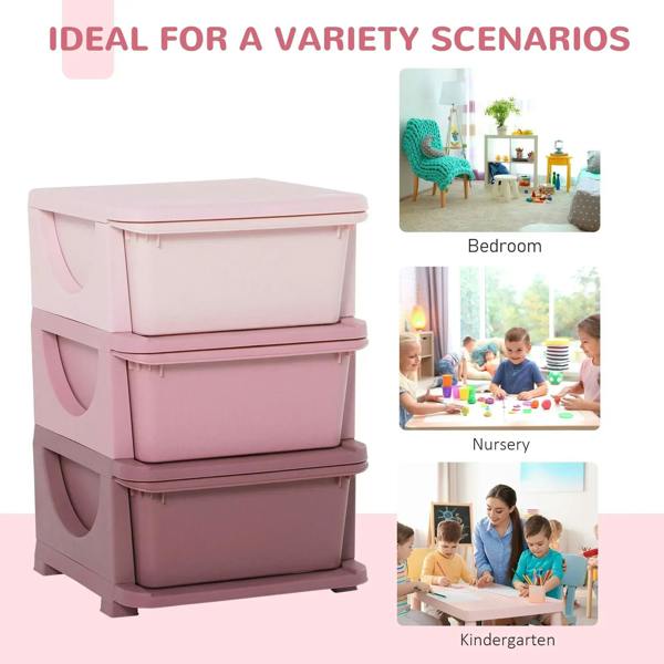 Pink 3-tier plastic storage unit with three bins for organizing toys and room items
