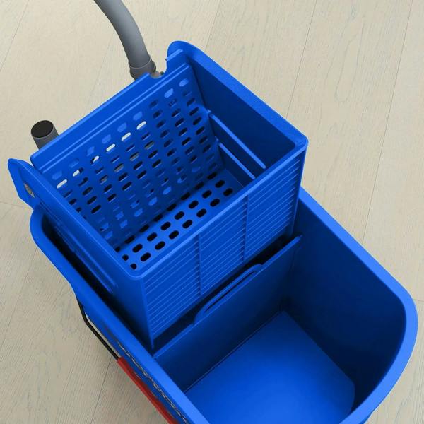 Blue mop bucket top view with perforated wringer basket and water separation channel