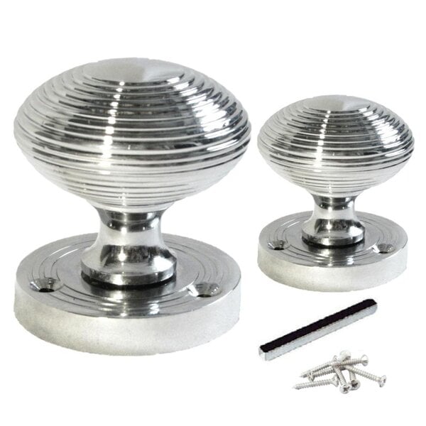 EDH Door Hardware Polished Chrome Reeded Round Door Knobs with Tubular Latch – 1, 4 & 6 Pair Packs - 1 Pair
