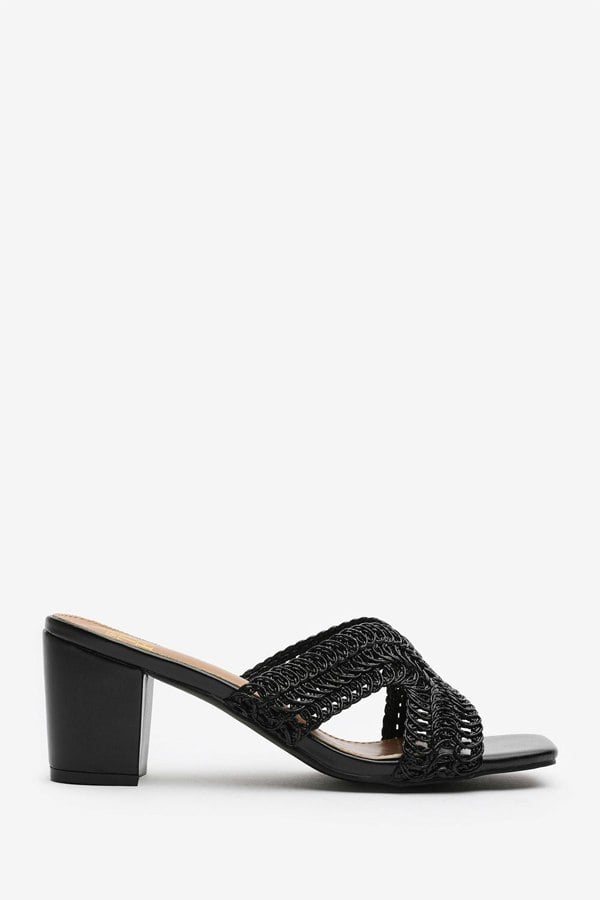 Where's That From Summer Woven Strap Block Heel Slides in Black Faux Leather
