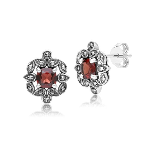 Gemondo Art Deco Style Cushion Garnet & Marcasite Stud Earrings in Sterling Silver