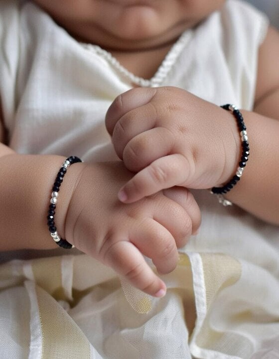 The Colourful Aura Baby/Kids Nazaria Black Beaded Silver Bracelet/Anklet