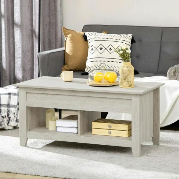 Lift-top coffee table with light oak-effect finish, open shelves and hidden storage