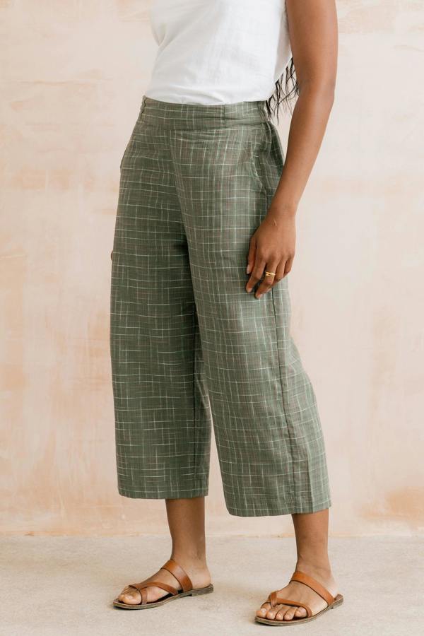 Lily & Me Greta Checked Cotton Cropped Trousers Green