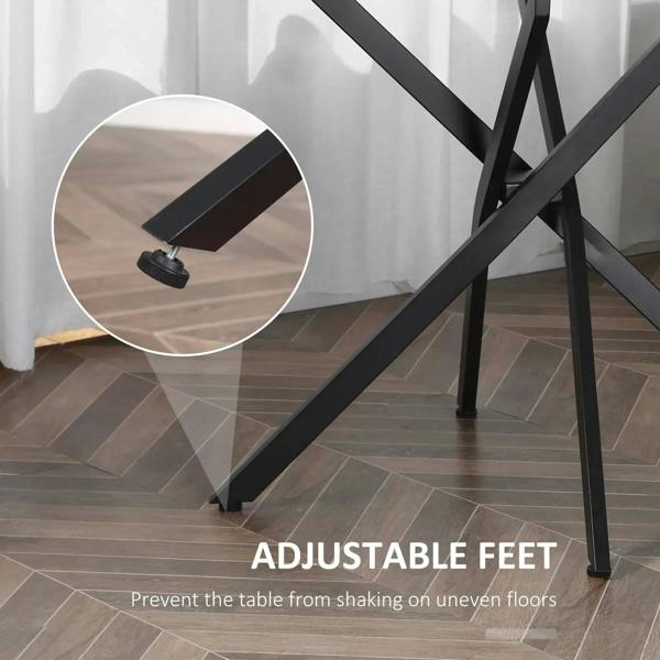 Black crossed metal table legs with adjustable feet for stability on uneven floors