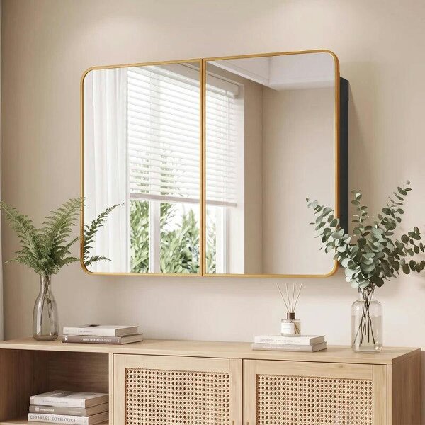 76.2 x 11.6 x 61 cm Bathroom Mirror Cabinet, Wall Cabinet with Adjustable Shelves, Wall-Mounted or Recessed, Gold Tone