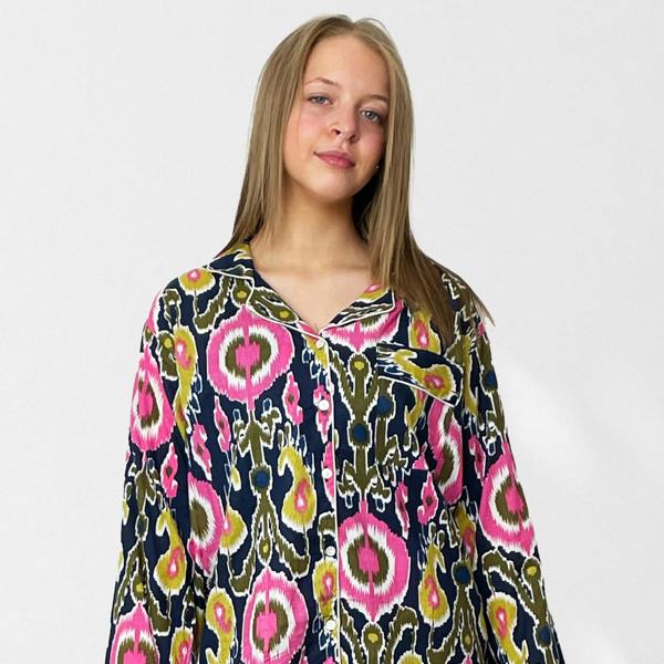 Hayley & Co Ikat Print Cotton Long Pyjama Set in Navy Blue and Pink