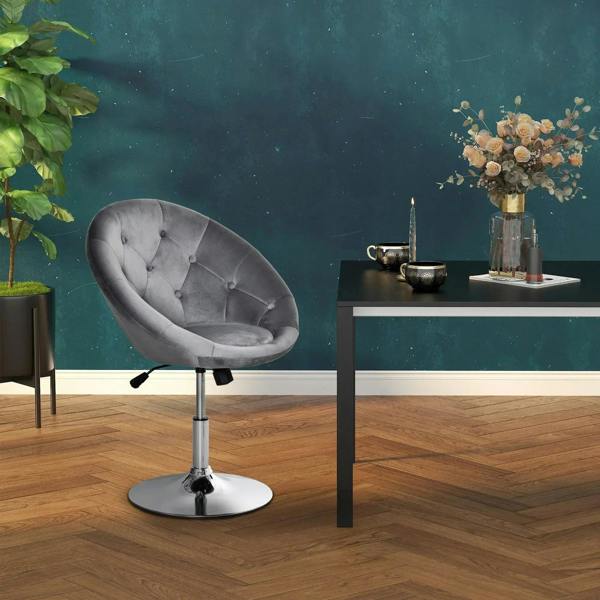 Grey velvet-look swivel dressing stool with button tufting and chrome round base