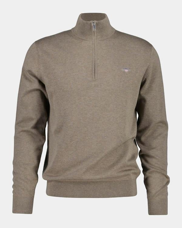GANT Mens Classic Cotton Shield Logo Half Zip Jumper - 294 Dark Hazelnut Melange | CHO | Designer Mens Quarter Zip Jumpers