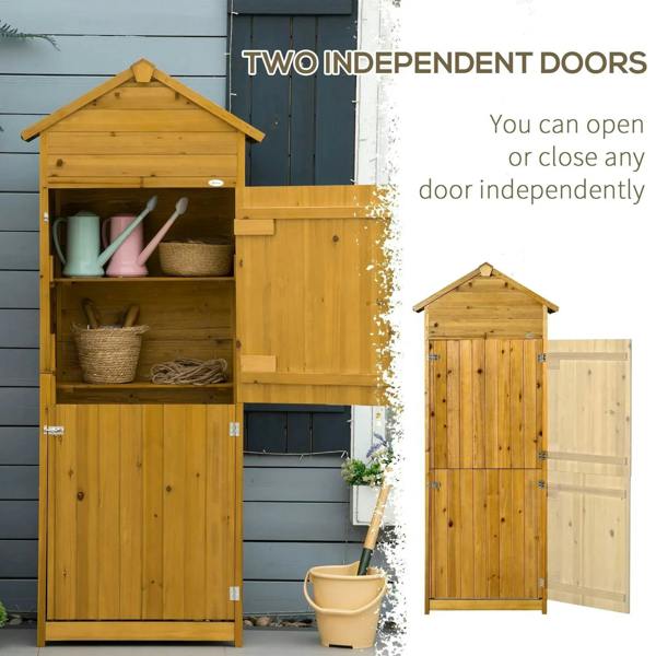 Wood garden shed cabinet with two independent door panels and open storage shelves