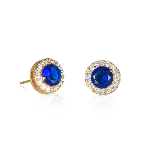 Zavana Gold Plated Classic Round Blue Halo Stud Earrings with Cubic Zirconia For Women