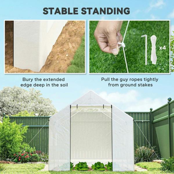 White greenhouse with guy ropes and ground stakes for secure, stable setup
