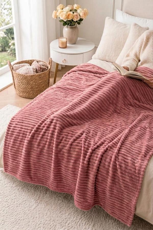 Dyzi Large Supersoft Ribbed Jacquard Fleece Throw Blanket 200 x 240cm