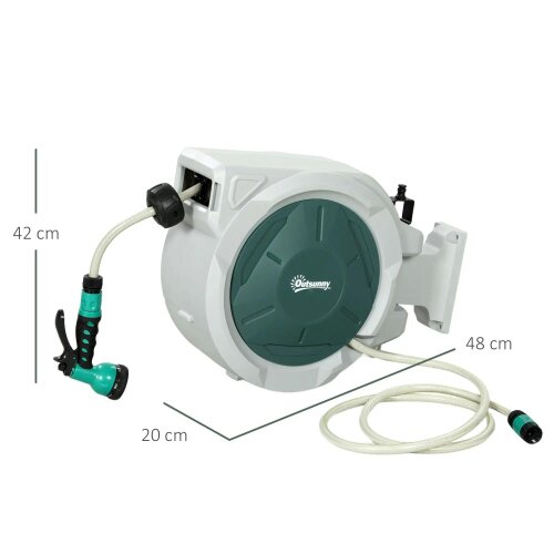 Bobobiy Retractable Hose Reel Wall Mounted, 20+2m Garden Hose Pipe Reel with Lock, 7 in 1 Spray Nozzle, 180° Swivel, 48 x 20 x 42 cm, Light Grey
