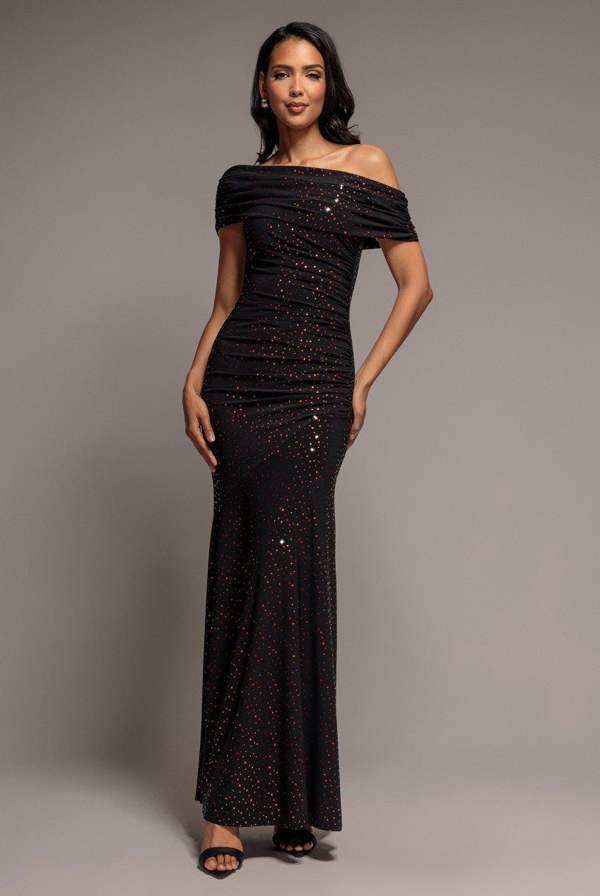 One Shoulder Fit And Flare Sequin Maxi Dress - Black Red DR5324