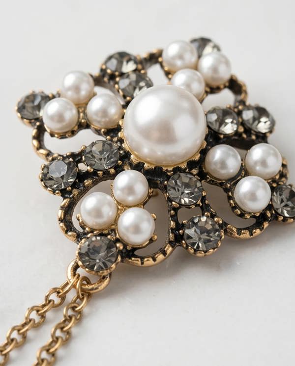 Pamoni Ornate Pearl and Crystal Lapel Chain Brooch