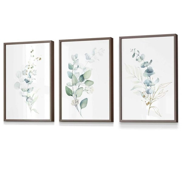 Artze Wall Art Set of 3 Framed Eucalyptus Blue Green and Gold Splash Prints
