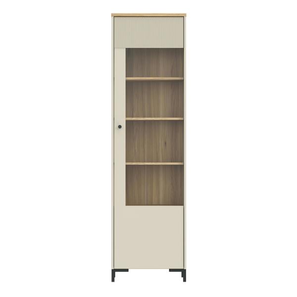 Furniture To Go Bixbite Tall Display Cabinet with Fluted Detail, Door & Open Shelving in Mauvella Oak and Sand