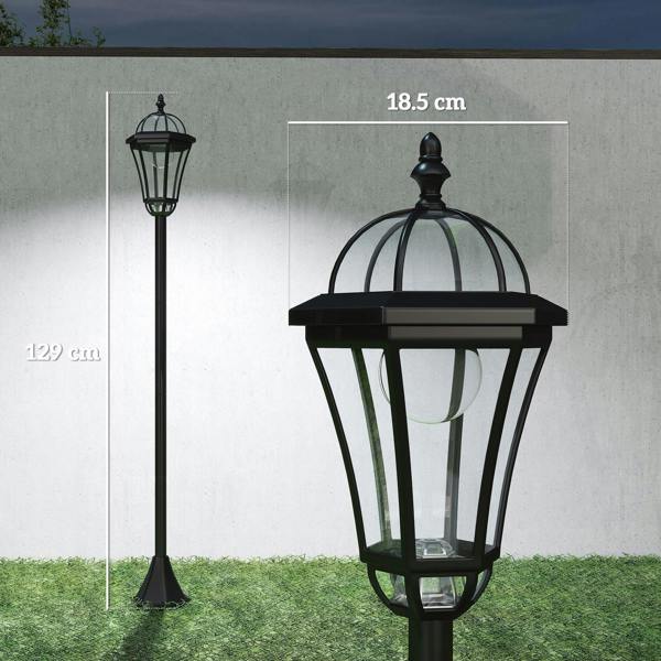 Black solar lantern post light with height guide, five-sided clear glass and finial top.