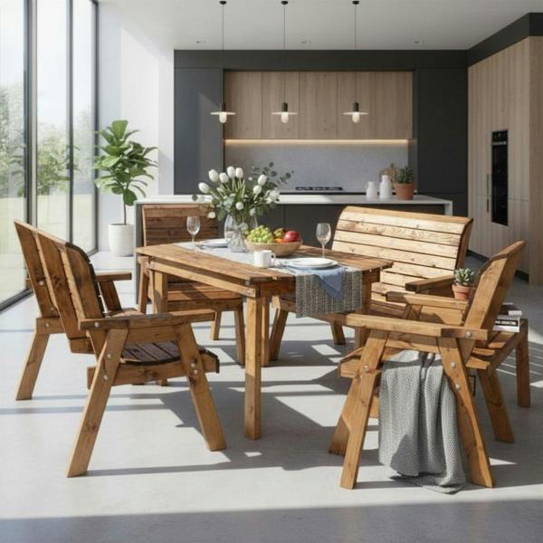 Samuel Alexander Handmade 6 Seater Rustic Wooden Indoor Dining Table, Bench & Chair Set