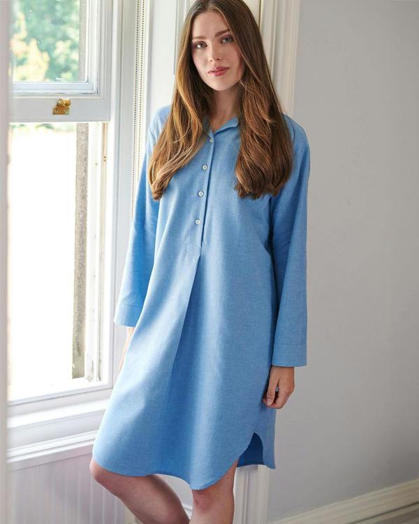 British Boxers Women's Brushed Cotton Nightshirt – Sky Blue Herringbone