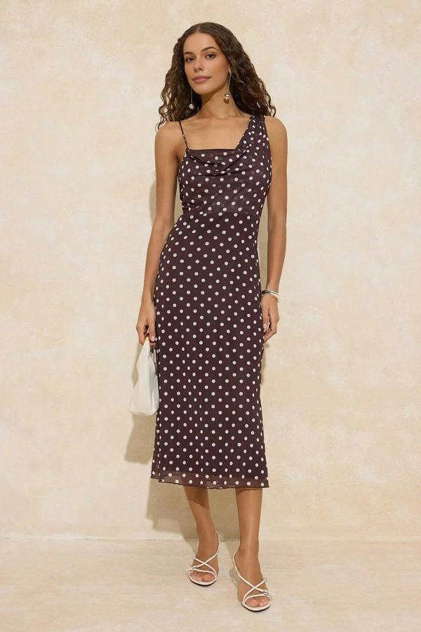 WOVCOR Polka Dot  Asymmetrical Neck Ruched Maxi Tulle Knit Dress