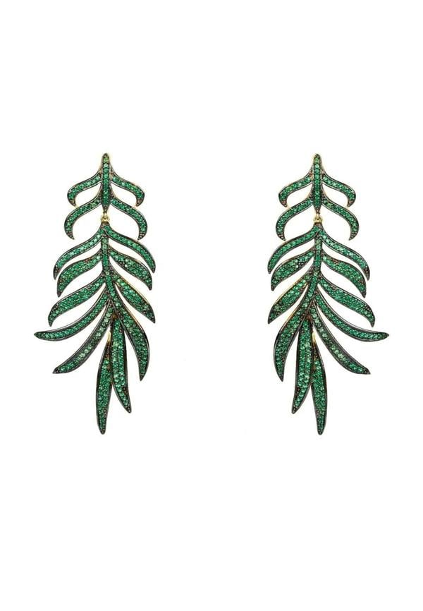Feathered Leaf Statement Drop Earrings Green Cz - LATELITA Earrings