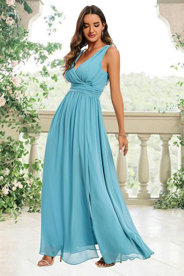 FS Collection V Neck Bridesmaid Maxi Dress In Light Blue