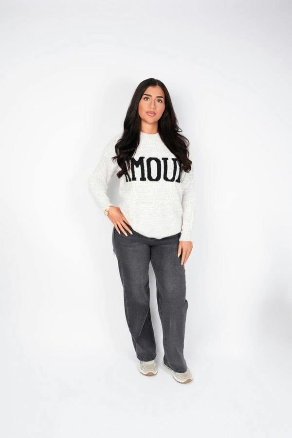 Zenya Fluffy Knit Oversized Jumper With Amour Slogan Detail - Light Grey
