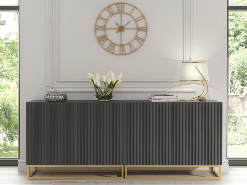 Mex Furniture Sophisticated Grey Sideboard with Fluted Fronts & Gold Legs – 200cm Storage Unit