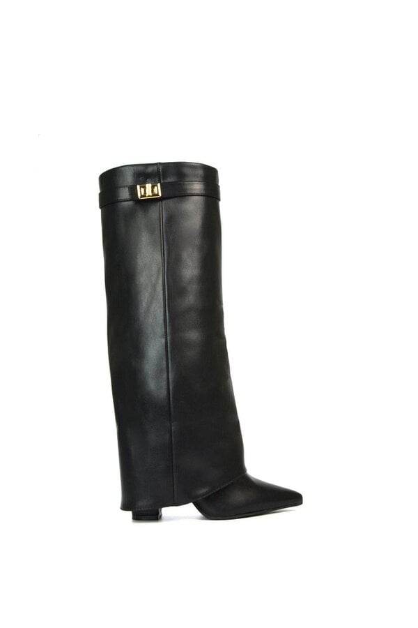 XY LONDON Block Heel Knee High Foldover Boots With Pointed Toe
