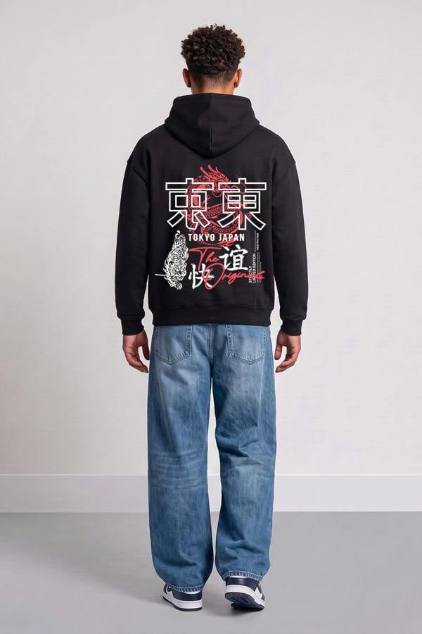London Attitude Oversized Tokyo Japan Graphic Hoodie in Black