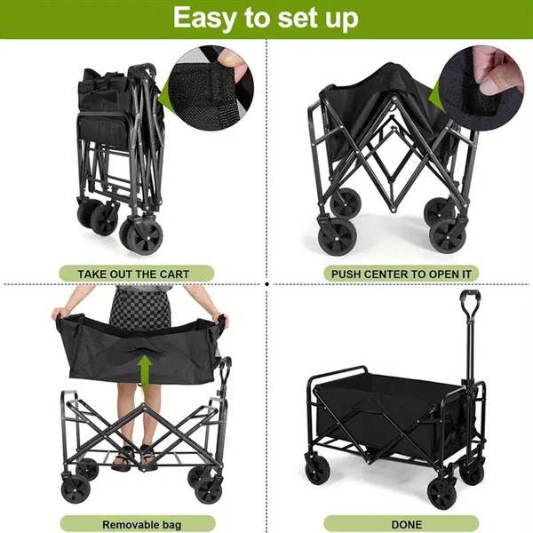 Dyzi Foldable Heavy-Duty Silent Utility Wagon Adjustable Handle Garden Cart