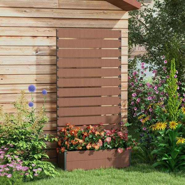 Light brown tall trellis planter box with front raised bed and flowers