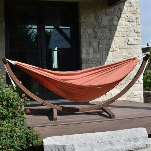 Vivere Double Sunbrella Hammock with Solid Pine Arc Stand - Coral