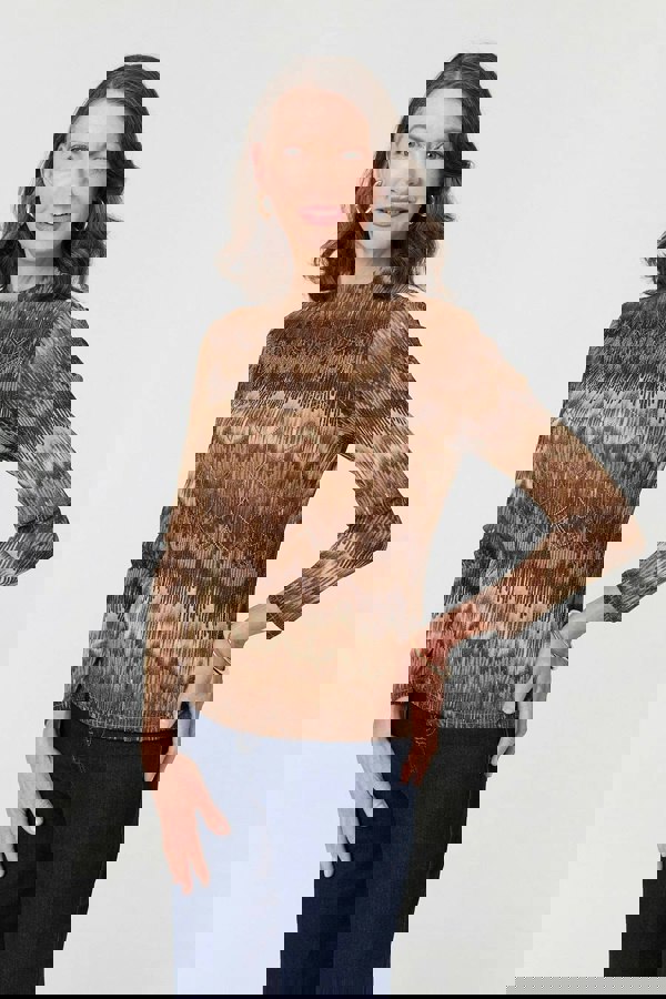 Brown | Sparkly Embellished High Neck Fitted Top
