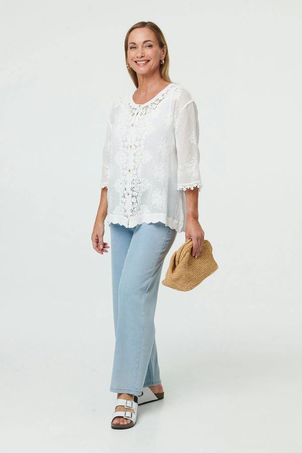 White | Lace Sheer Texture 3/4 Sleeve Blouse