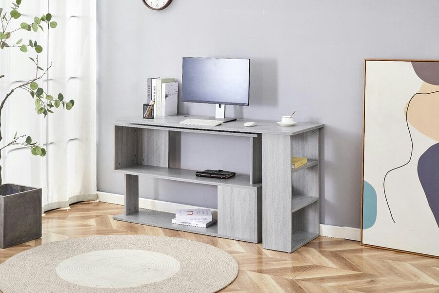 Kosy Koala Grey Office Desk L-Shaped with Storage Shelves Wooden Room Furniture for Home, Study, and Office