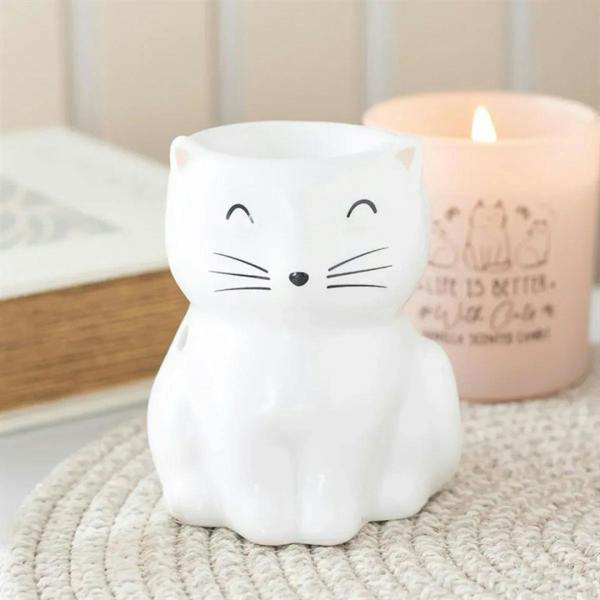 White cat-shaped oil burner with whisker face and open top cup