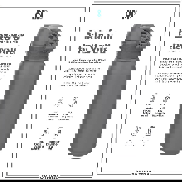 A dark gray insulated steel water bottle sits against a white background; it is carbon neutral, fully recyclable, odor resistant, and dishwasher safe.