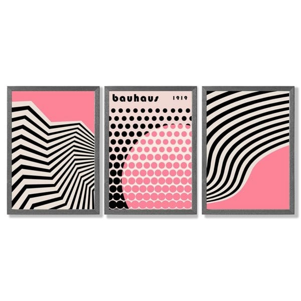 Set of 3 Bauhaus Pink Modern Framed Art Prints with Dark Grey Wooden Frames