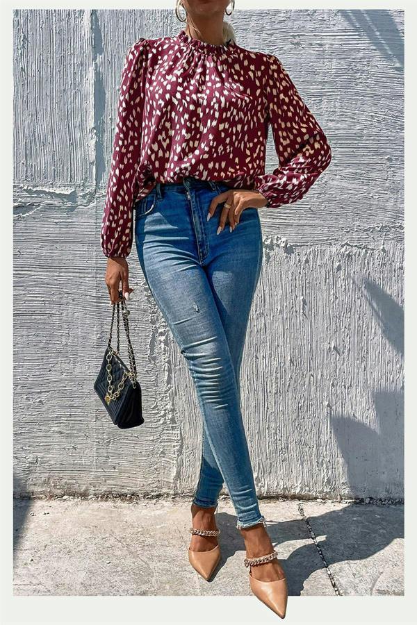 FS Collection Animal Print Frill Detail High Neck Top In Wine