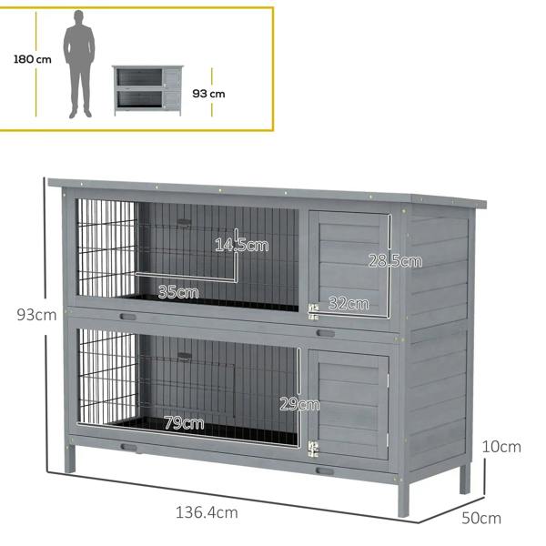 Grey outdoor rabbit hutch with two levels, side doors, and wire front panels (dimensions shown)
